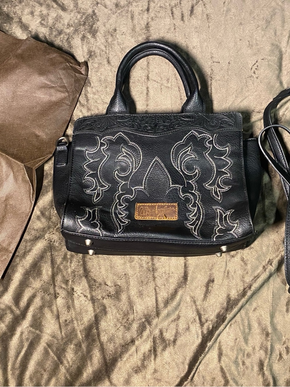 Wrangler Black Embroidered Leather Satchel